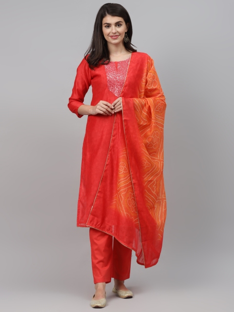 

Readiprint Fashions Red & Orange Mirror Work Unstitched Dress Material