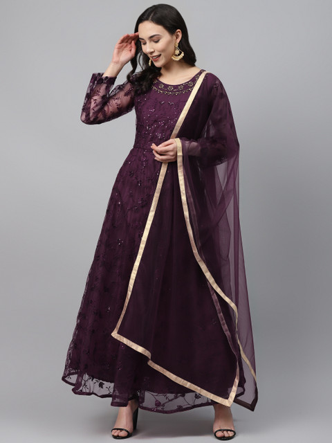 

Readiprint Fashions Wine-Coloured & Golden Net Semi-Stitched Dress Material, Purple