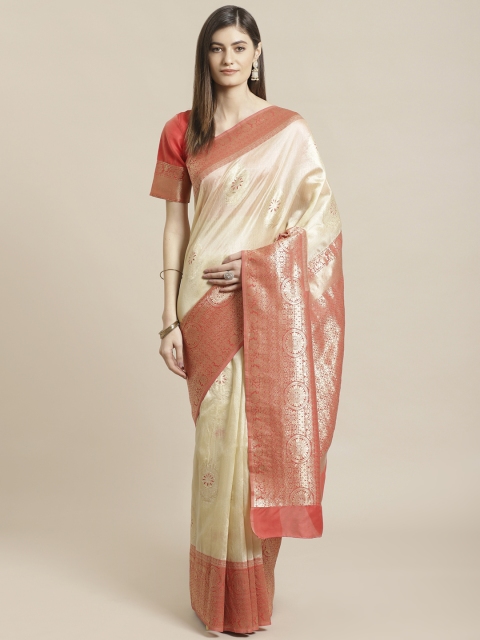 

Readiprint Fashions Cream-Coloured & Red Woven Design Banarasi Saree