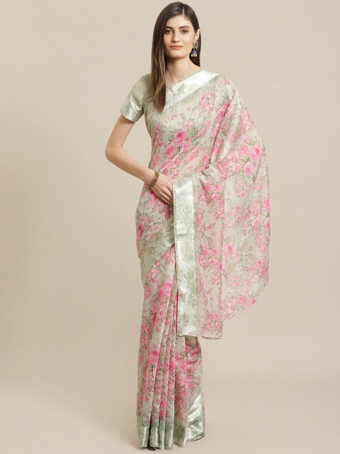 

Readiprint Fashions Green & Pink Floral Printed Bagh Saree