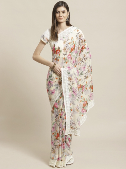 

Readiprint Fashions Off-White & Pink Floral Printed Saree