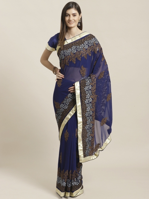 

Readiprint Fashions Navy Blue & Golden Embroidered Saree