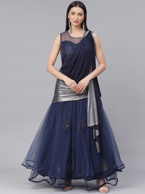 

Chhabra 555 Women Navy Blue & Silver Made to Measure Embellished Cocktail Gown