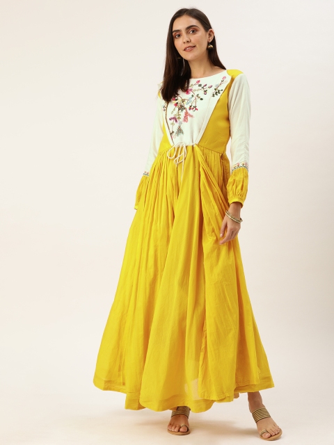

VASTRANAND Women Yellow & White Embroidered Maxi Dress