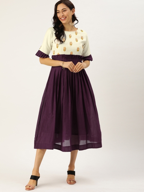 

VASTRANAND Women Burgundy & White Embroidered Fit and Flare Dress with Pleats
