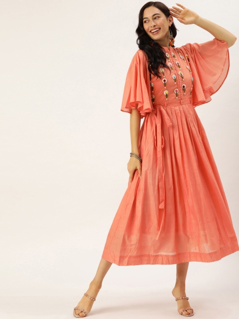 

VASTRANAND Women Peach-Coloured Embroidered Fit and Flare Dress