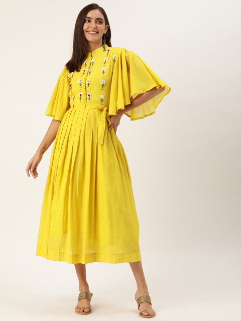 

VASTRANAND Women Yellow Embroidered Fit and Flare Dress