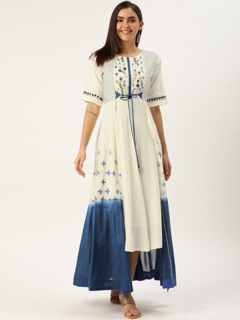 

VASTRANAND Women White & Blue Embroidered Layered Maxi Dress
