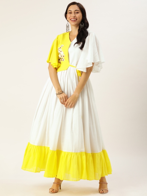 

VASTRANAND Women Yellow & White Colourblocked Fit and Flare Dress with Embroidery