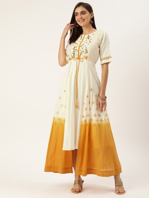 

VASTRANAND Women White & Yellow Embroidered Layered Maxi Dress