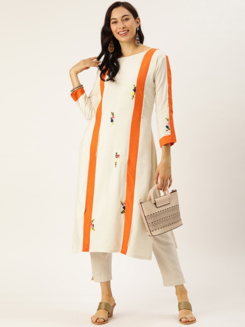 

VASTRANAND Women Off-White & Orange Striped Straight Kurta with Embroidery