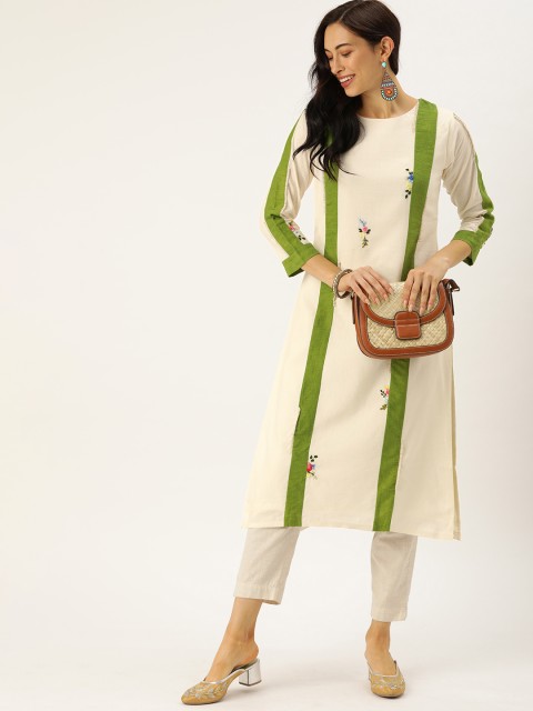 

VASTRANAND Women Off-White & Green Striped A-Line Kurta with Embroidery