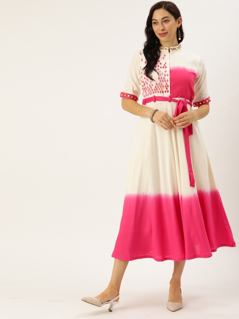 

VASTRANAND Women White & Pink Dyed Fit and Flare Dress with Embroidery