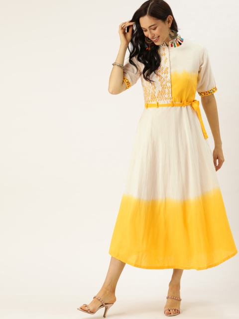 

VASTRANAND Women Yellow & White Dyed Fit and Flare Dress With Embroidery