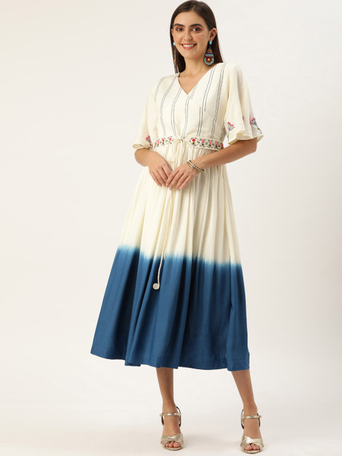 

VASTRANAND Women White & Navy Blue Dyed Wrap Dress With Embroidery