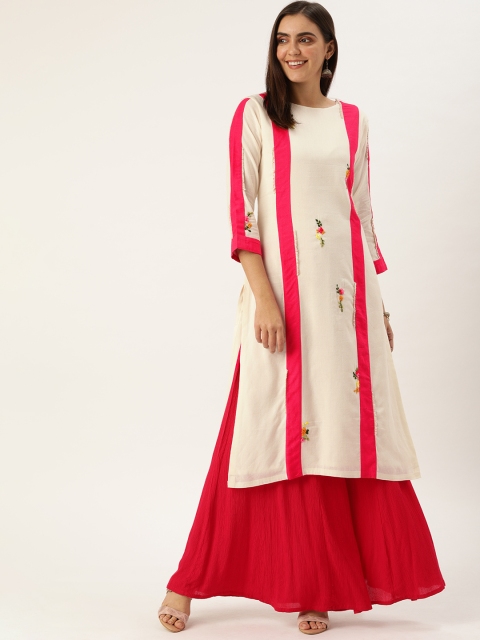 

VASTRANAND Women Off-White & Pink Striped A-Line Kurta with Embroidery