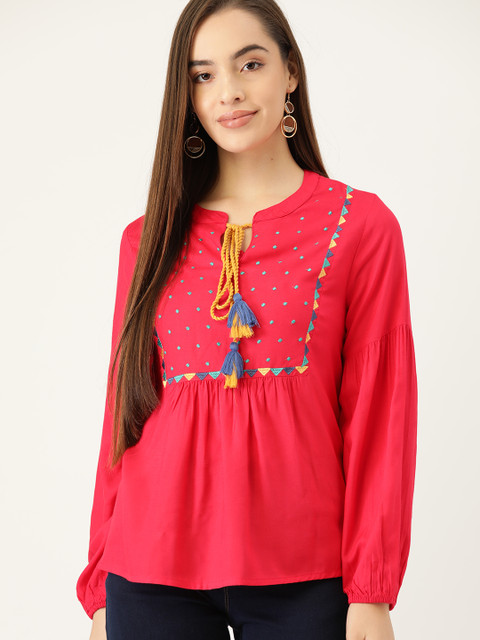 

Anouk Pink Geometric Embroidered Tie-Up Neck Puff Sleeve A-Line Top