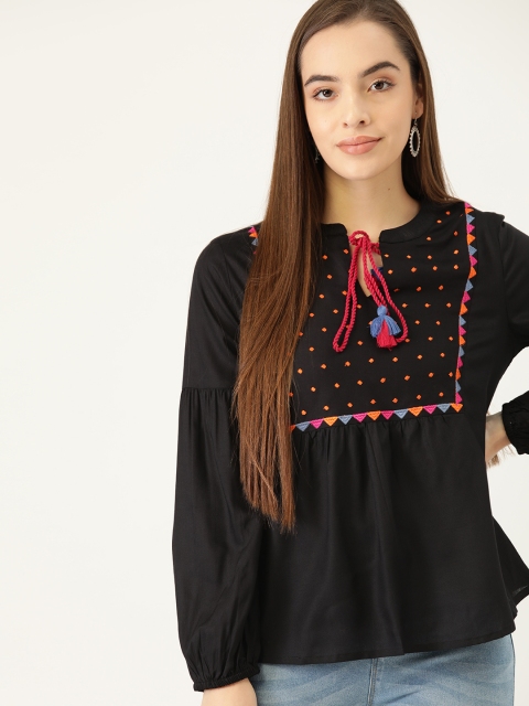 

Anouk Black Geometric Embroidered Tie-Up Neck Puff Sleeve A-Line Top