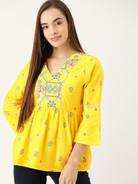 

Anouk Yellow & Blue Bell Sleeve A-Line Top