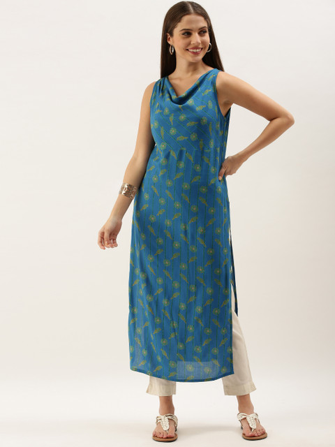 

Anouk Women Blue & Yellow Floral Printed Cowl Neck Floral Kurta