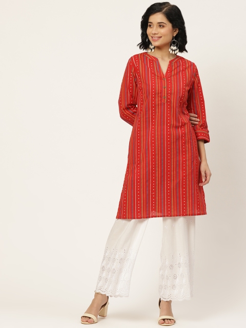 

Anouk Women Rust Red & Cream-Coloured Striped Straight Kurta