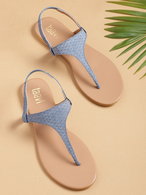 

Taavi Women Blue Geometric Patterned Handcrafted T-Strap Flats