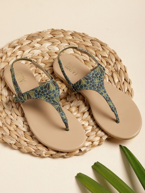 

Taavi Women Navy Blue & Olive Green Ethnic Floral Print Handcrafted T-Strap Flats