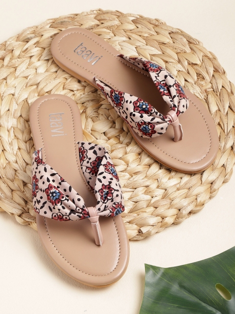 

Taavi Women Beige & Brick Red Ethnic Print Handcrafted Open Toe Flats