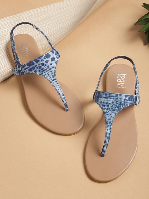 

Taavi Women Blue Printed Handcrafted T-Strap Flats
