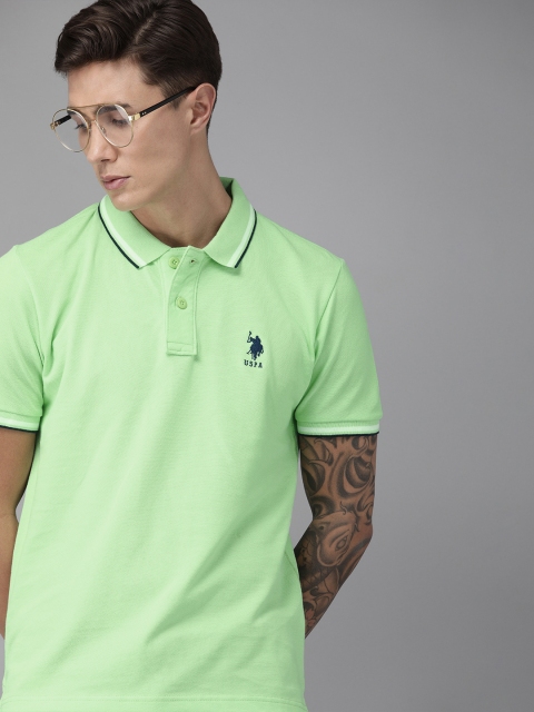 

U.S. Polo Assn. Men Green Solid Polo Collar T-shirt With Embroidery