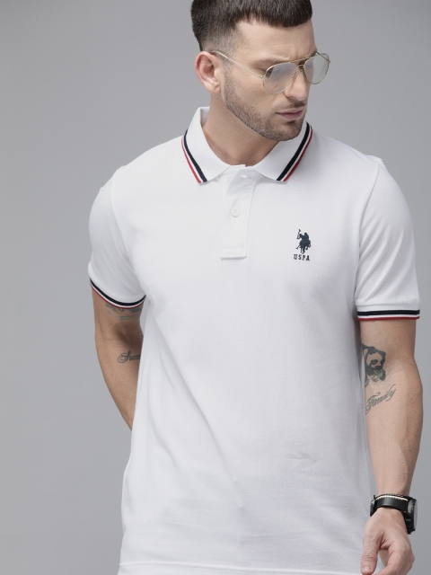 

U.S. Polo Assn. Men White Solid Pure Cotton Polo Collar T-shirt