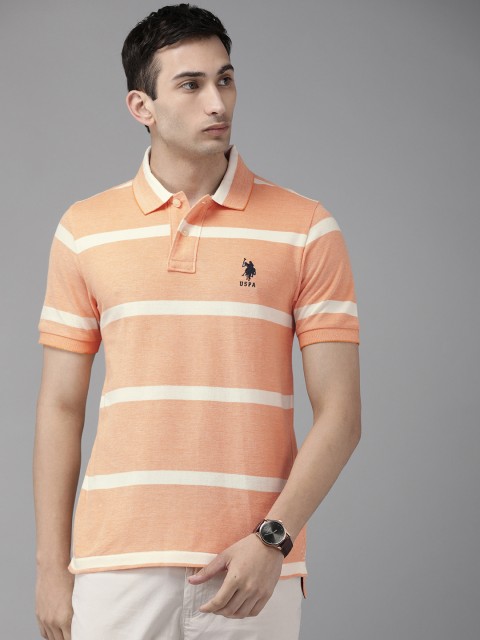 

U.S. Polo Assn. Men Mustard Yellow Off-White Striped Polo Collar Pure Cotton T-shirt With Embroidery