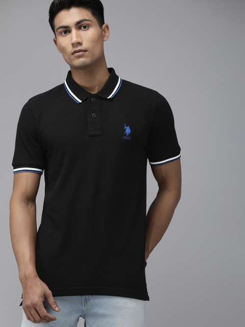 

U.S. Polo Assn. Men Black Solid Polo Collar Pure Cotton T-shirt