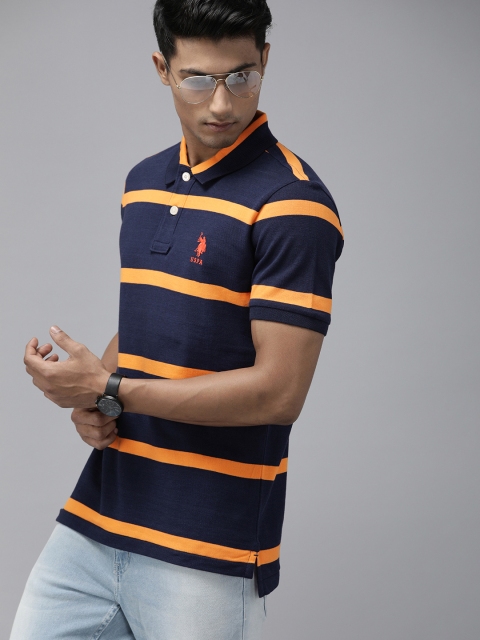 

U.S. Polo Assn. Men Navy Blue Orange Striped Polo Collar Pure Cotton T-shirt