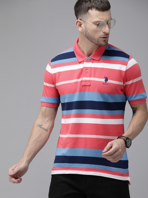 

U.S. Polo Assn. Men Coral Pink & Blue Striped Polo Collar T-shirt