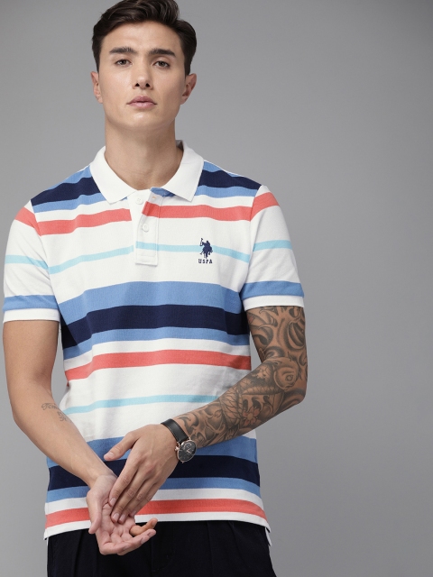 

U.S. Polo Assn. Men White & Blue Striped Polo Collar T-shirt With Embroidery
