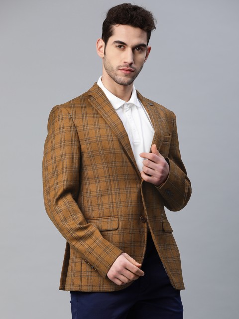 

Blackberrys Men Brown & Navy Blue Checked Slim Fit Single-Breasted Smart Casual Blazer