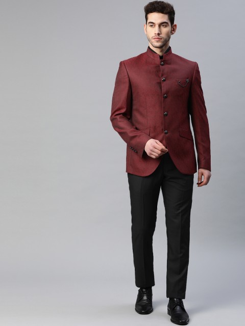 

Blackberrys Men Maroon and Black Self Design Slim Fit Bandhgala & Trousers
