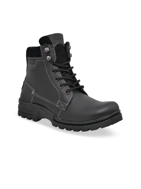 

Carlton London Men Black Solid Leather High-Top Trekking Shoes