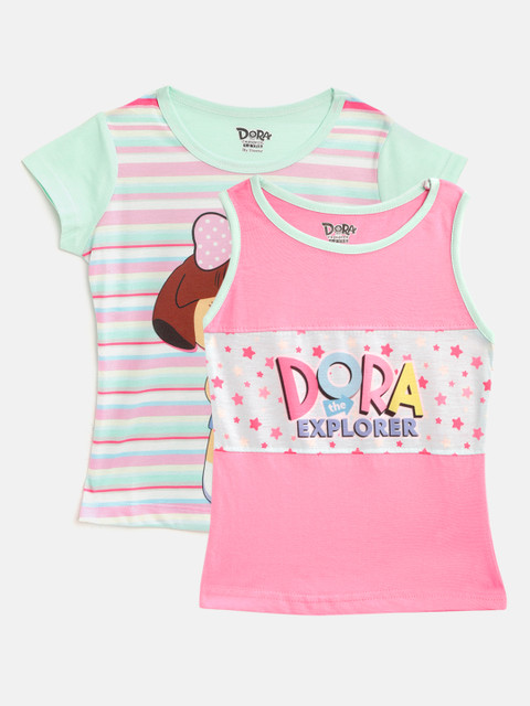 

Eteenz Girls Pack of 2 Dora The Explorer Print Pure Cotton Tops, Sea green