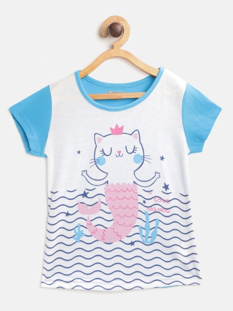 

Eteenz Girls White & Blue Printed Round Neck T-shirt