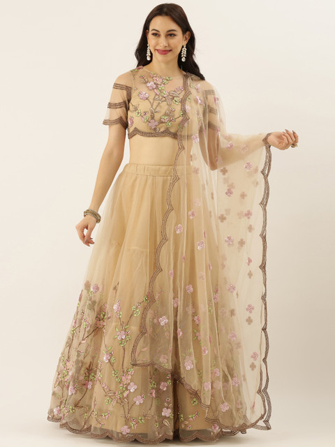 

panchhi Beige & Beige Embroidered Semi-Stitched Lehenga & Unstitched Blouse with Dupatta