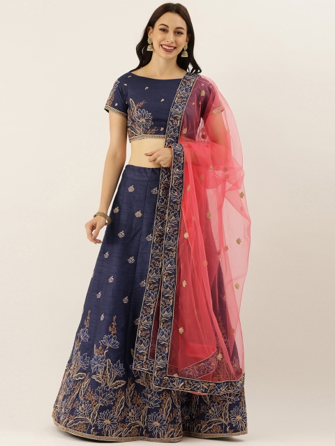 

panchhi Navy Blue & Pink Embroidered Semi-Stitched Lehenga & Unstitched Blouse with Dupatta