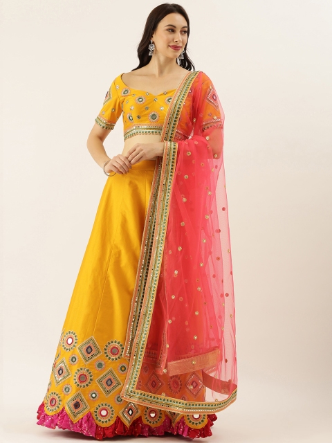 

panchhi Mustard & Pink Embroidered Semi-Stitched Lehenga & Unstitched Blouse with Dupatta