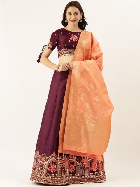 

panchhi Burgundy & Peach-Coloured Embroidered Semi-Stitched Lehenga & Unstitched Blouse with Dupatta