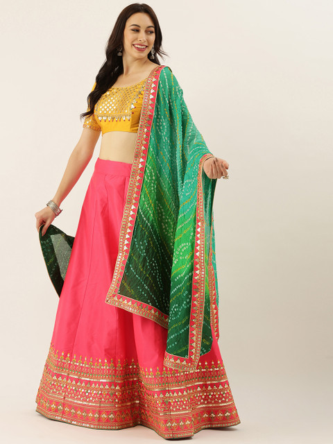 

panchhi Pink Embroidered Semi-Stitched Lehenga &Unstitched Blouse with Dupatta
