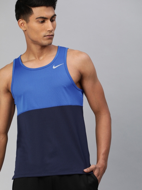 

Nike Men Navy Blue Colourblocked DF RUN TANK Round Neck T-shirt