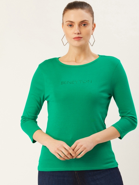 

United Colors of Benetton Women Green Pure Cotton Solid Round Neck T-shirt