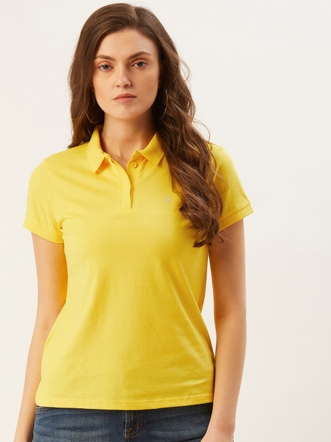 

United Colors of Benetton Women Yellow Solid Cotton Polo Collar T-shirt