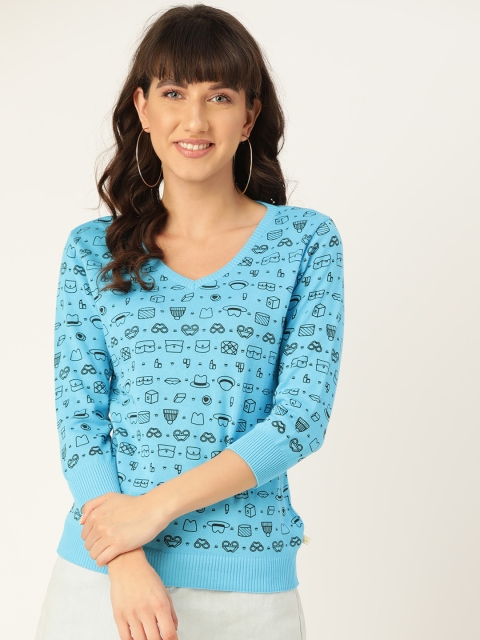 

United Colors of Benetton Women Blue Pure Cotton Printed Sweater